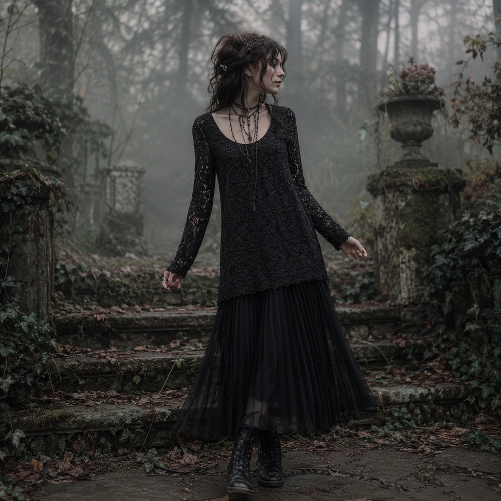Vintage Black Lace Pleated Maxi Dress Womens S- M Gothic Evening Gown Whimsigoth